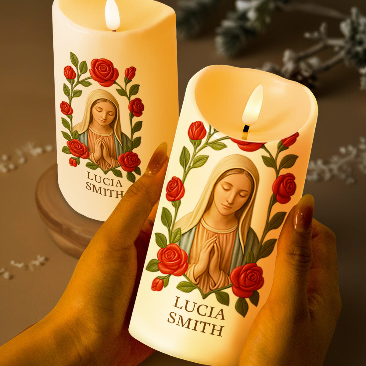 Customize This Beautiful Candle With Virgin Mary And Roses - Personalized Custom LED Candle - FTH087_LECA