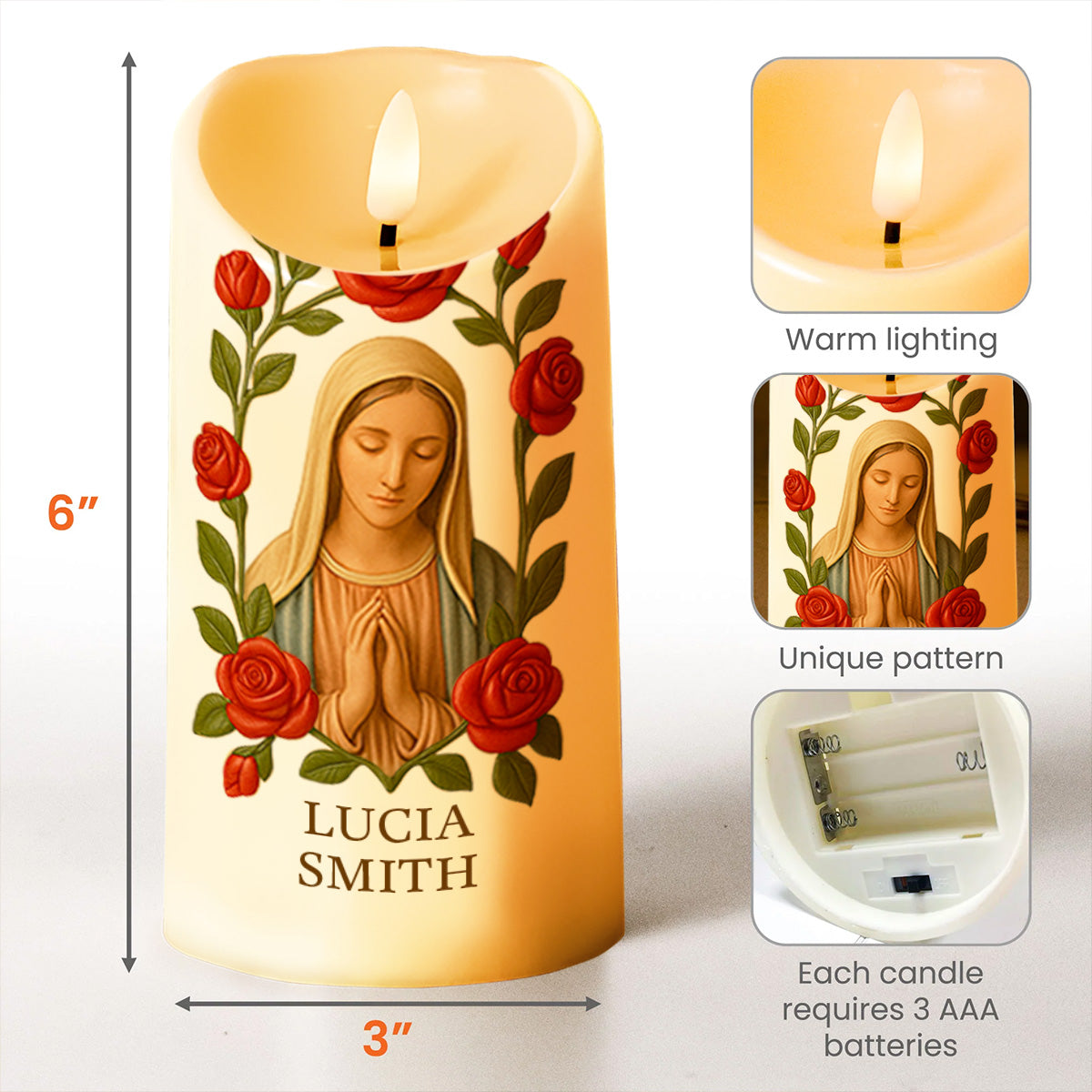 Customize This Beautiful Candle With Virgin Mary And Roses - Personalized Custom LED Candle - FTH087_LECA