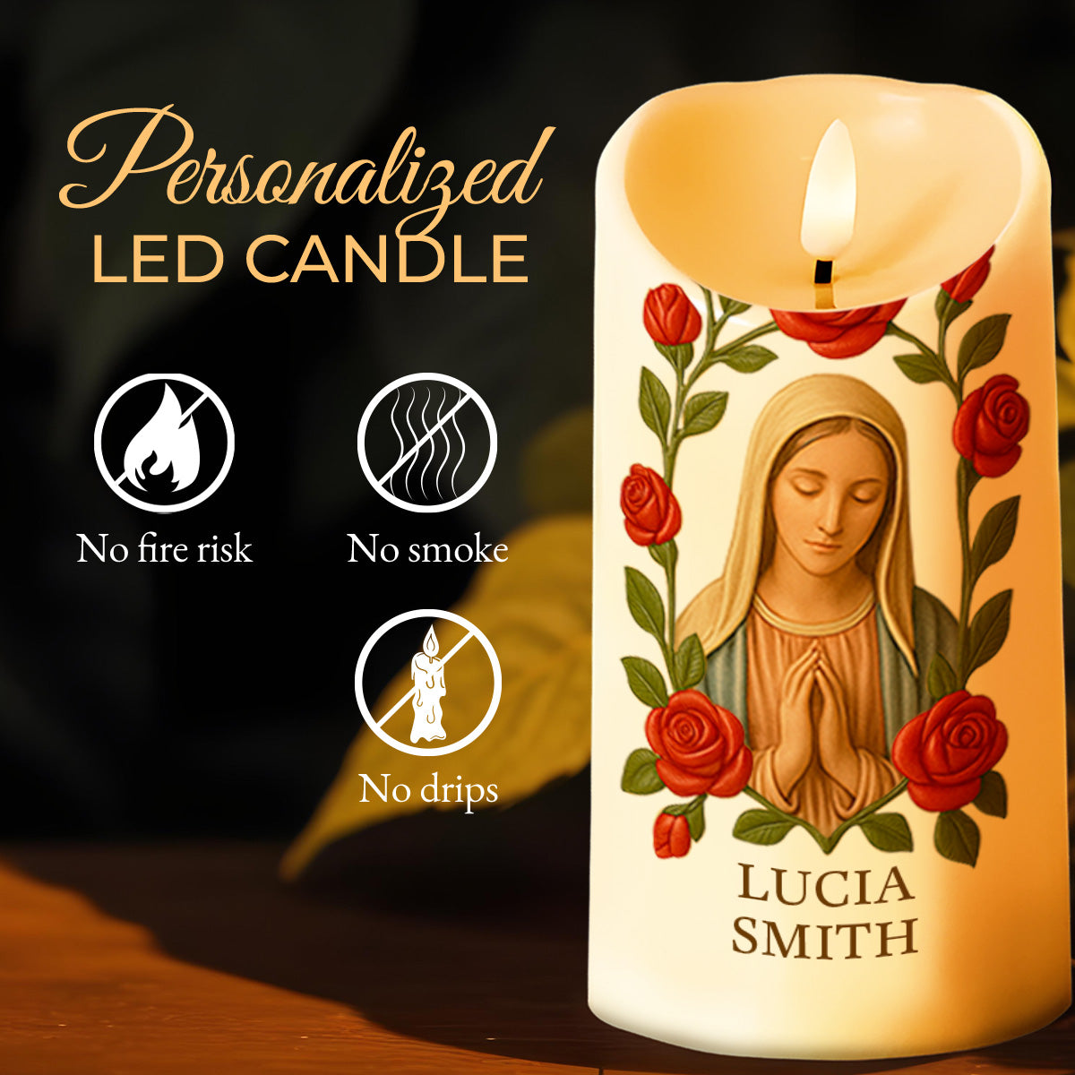 Customize This Beautiful Candle With Virgin Mary And Roses - Personalized Custom LED Candle - FTH087_LECA