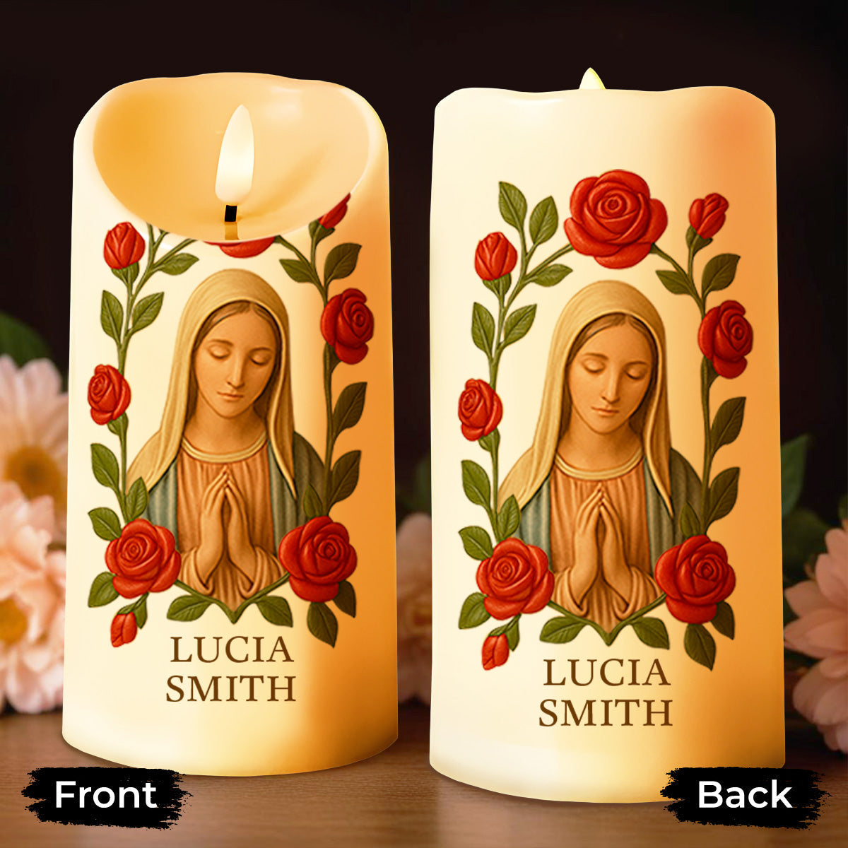 Customize This Beautiful Candle With Virgin Mary And Roses - Personalized Custom LED Candle - FTH087_LECA
