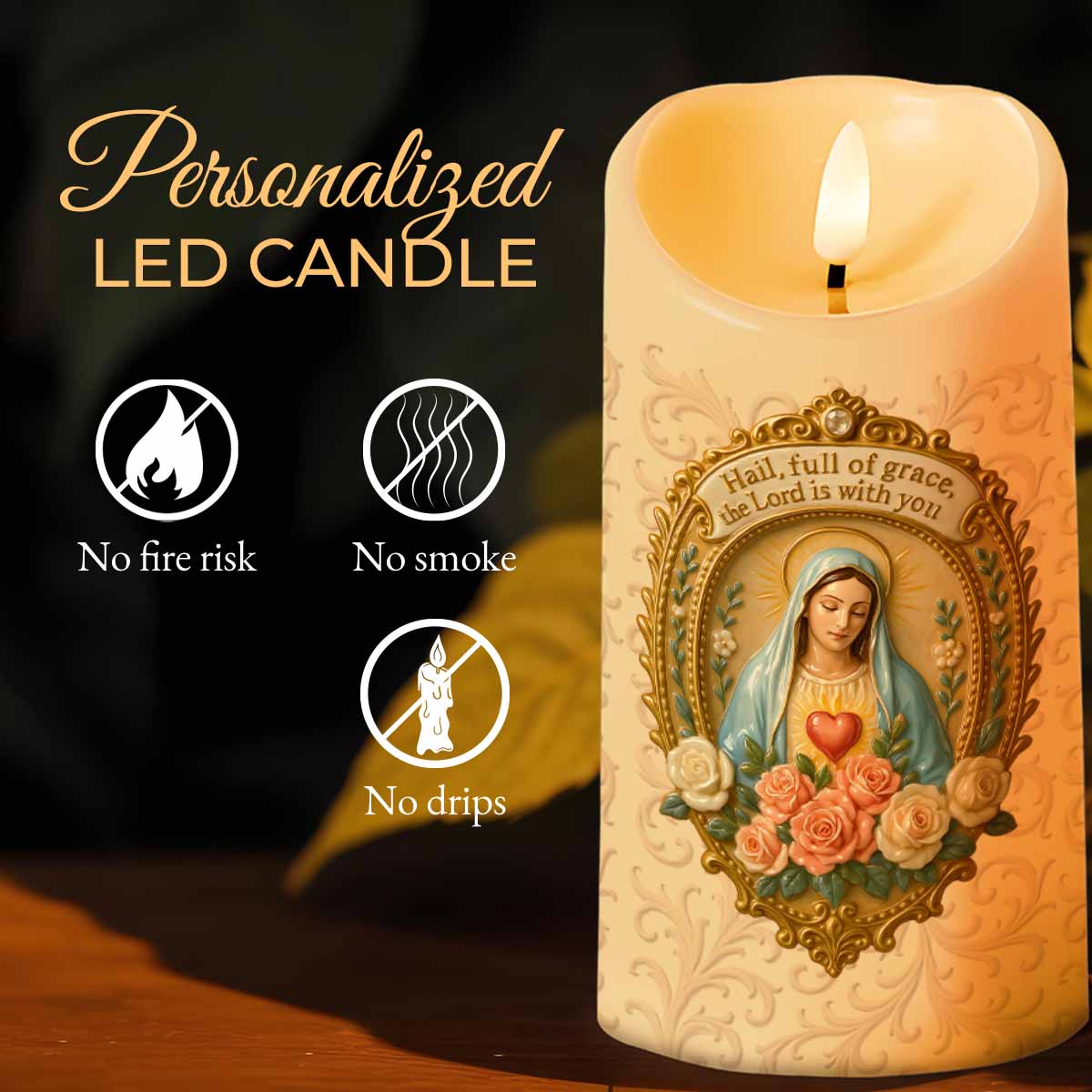 Hail Full Of Grace The Lord Is With You Virgin Mary LED Candle - Personalized Custom LED Candle - FTH088_LECA