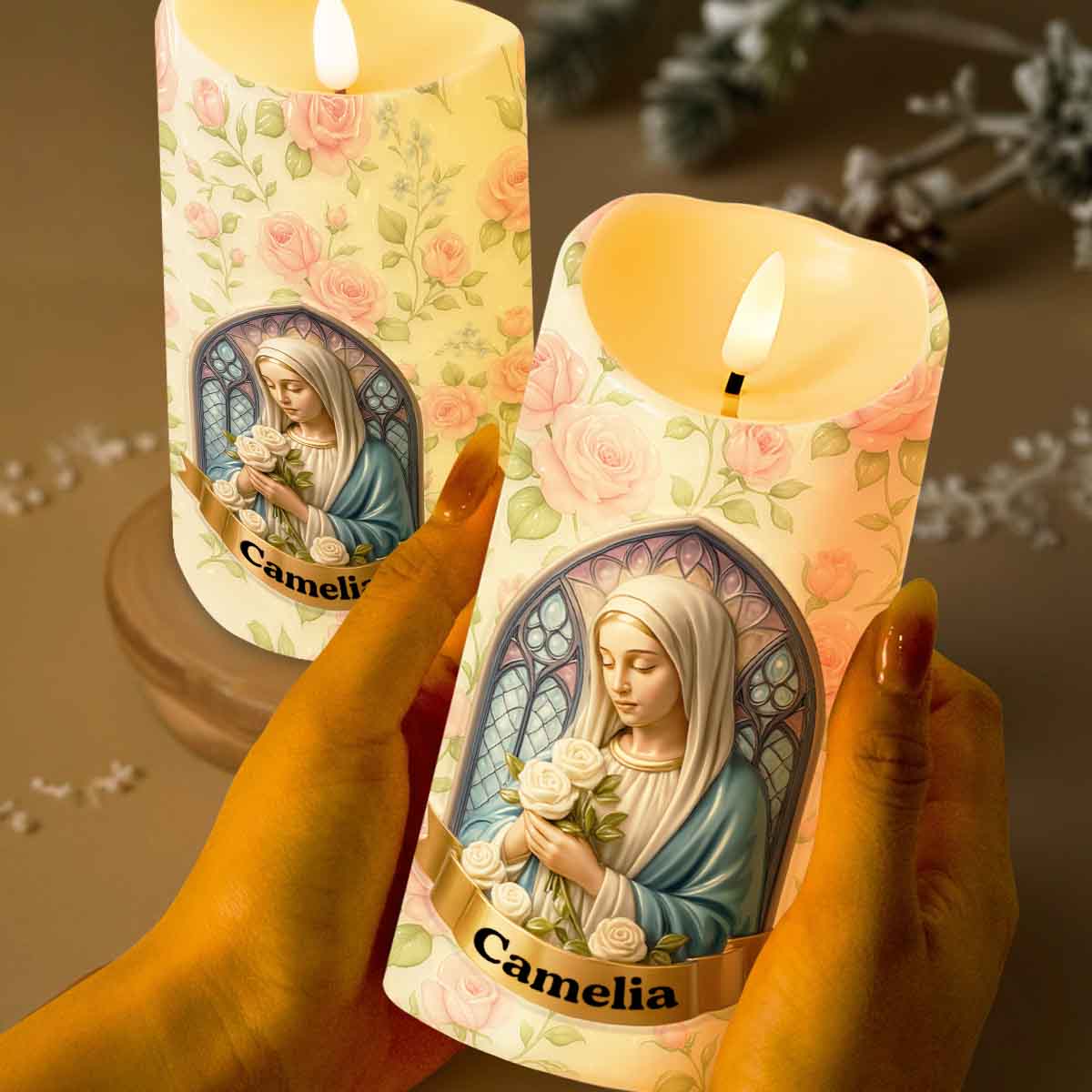 Tranquil Beauty Of Faith And Roses - Personalized Custom LED Candle - FTH089_LECA