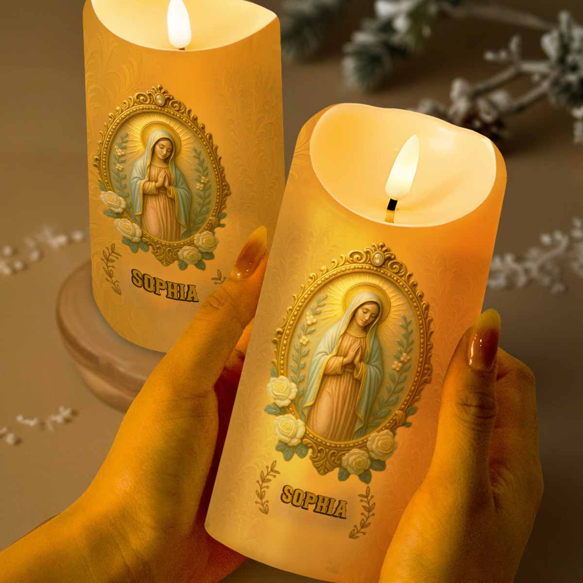 Inscribing Your Faith With Grace And Roses - Personalized Custom LED Candle - FTH090_LECA