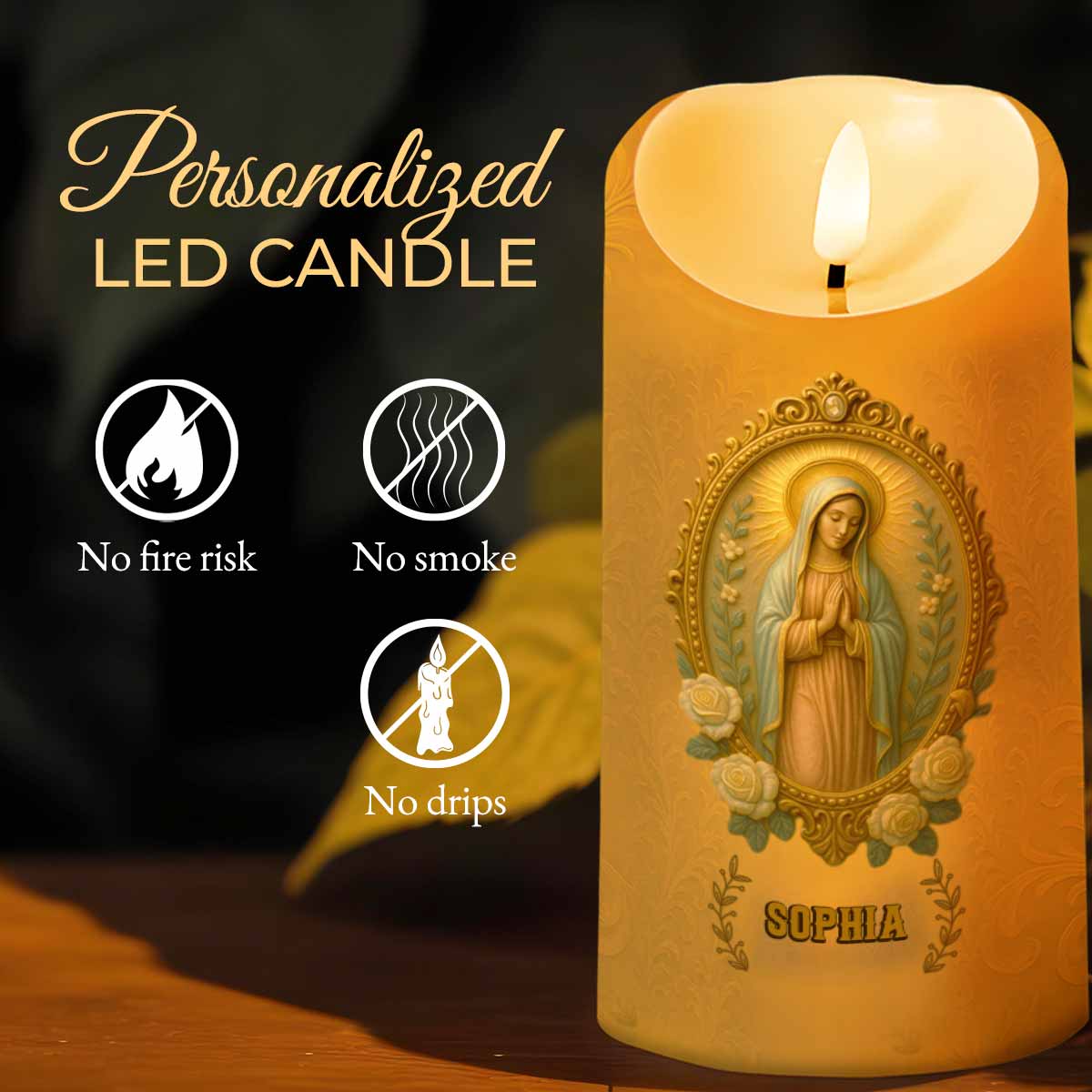 Inscribing Your Faith With Grace And Roses - Personalized Custom LED Candle - FTH090_LECA