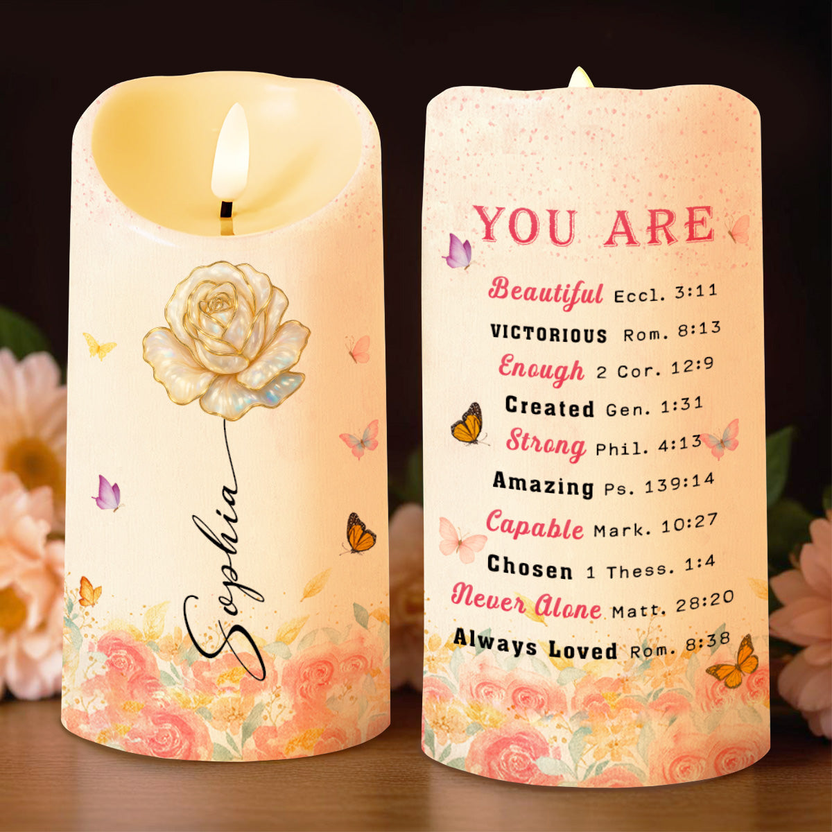 You Are Beautiful, Victorious, Enough, Rose And Butterflies - Personalized Custom LED Candle - FTH103_LECA