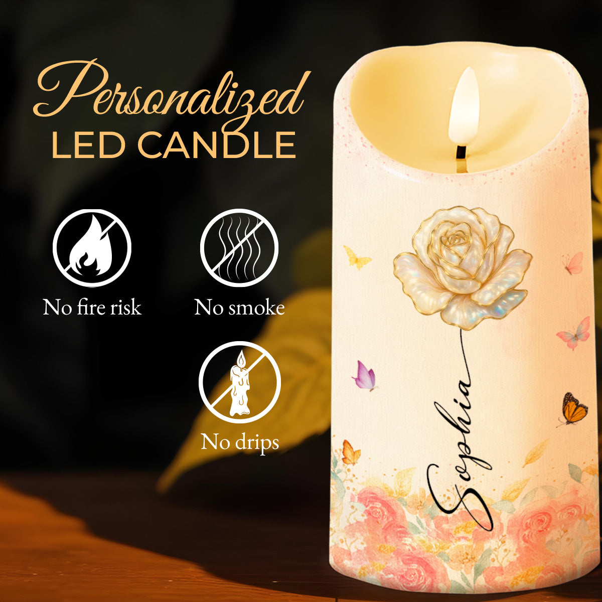 You Are Beautiful, Victorious, Enough, Rose And Butterflies - Personalized Custom LED Candle - FTH103_LECA