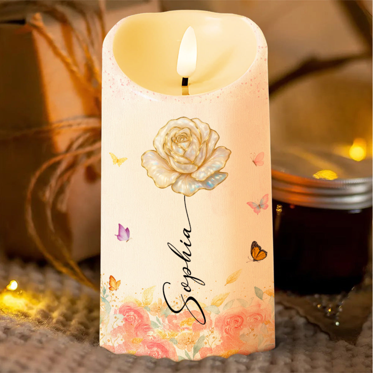 You Are Beautiful, Victorious, Enough, Rose And Butterflies - Personalized Custom LED Candle - FTH103_LECA