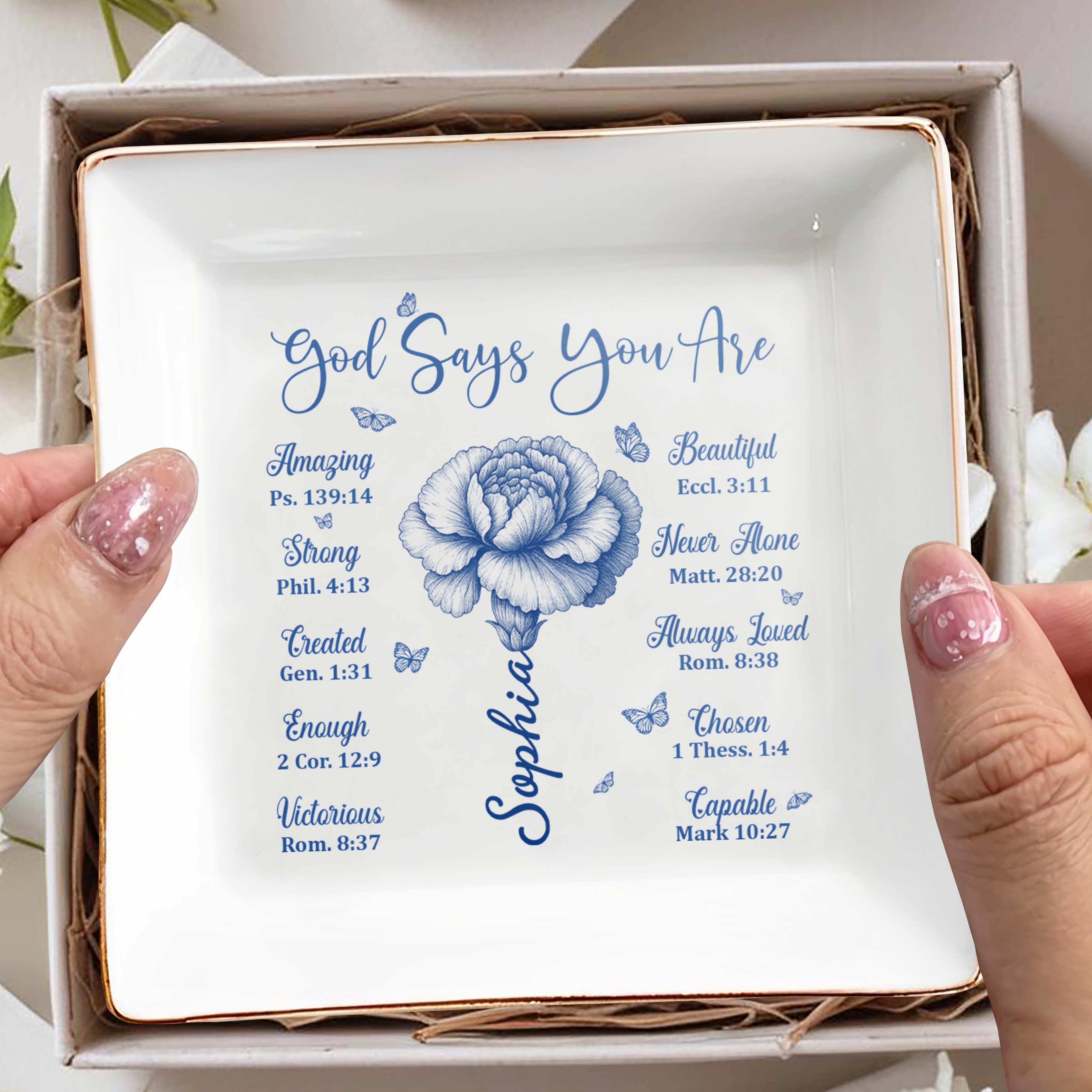 God Says You Are Amazing Strong and Beautiful - Personalized Custom Jewelry Dish, Square Ceramic Dish - FTH107_SCRD