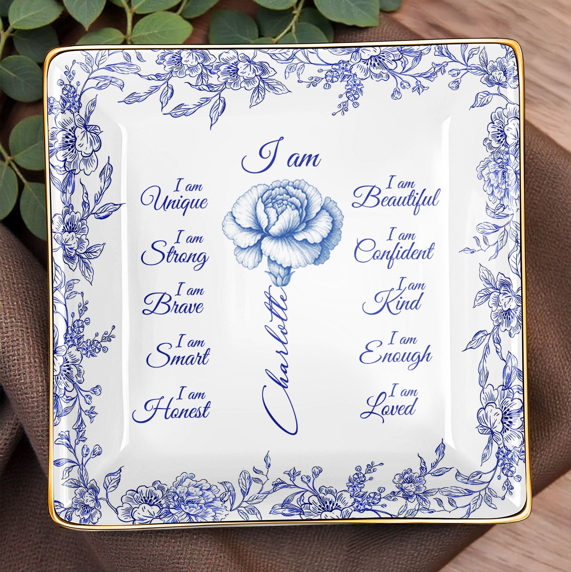 I Am Beautiful, Confident and Loved, Floral Ceramic Dish - Personalized Custom Jewelry Dish, Ceramic Dish, Square Shape - FTH111_SCRF