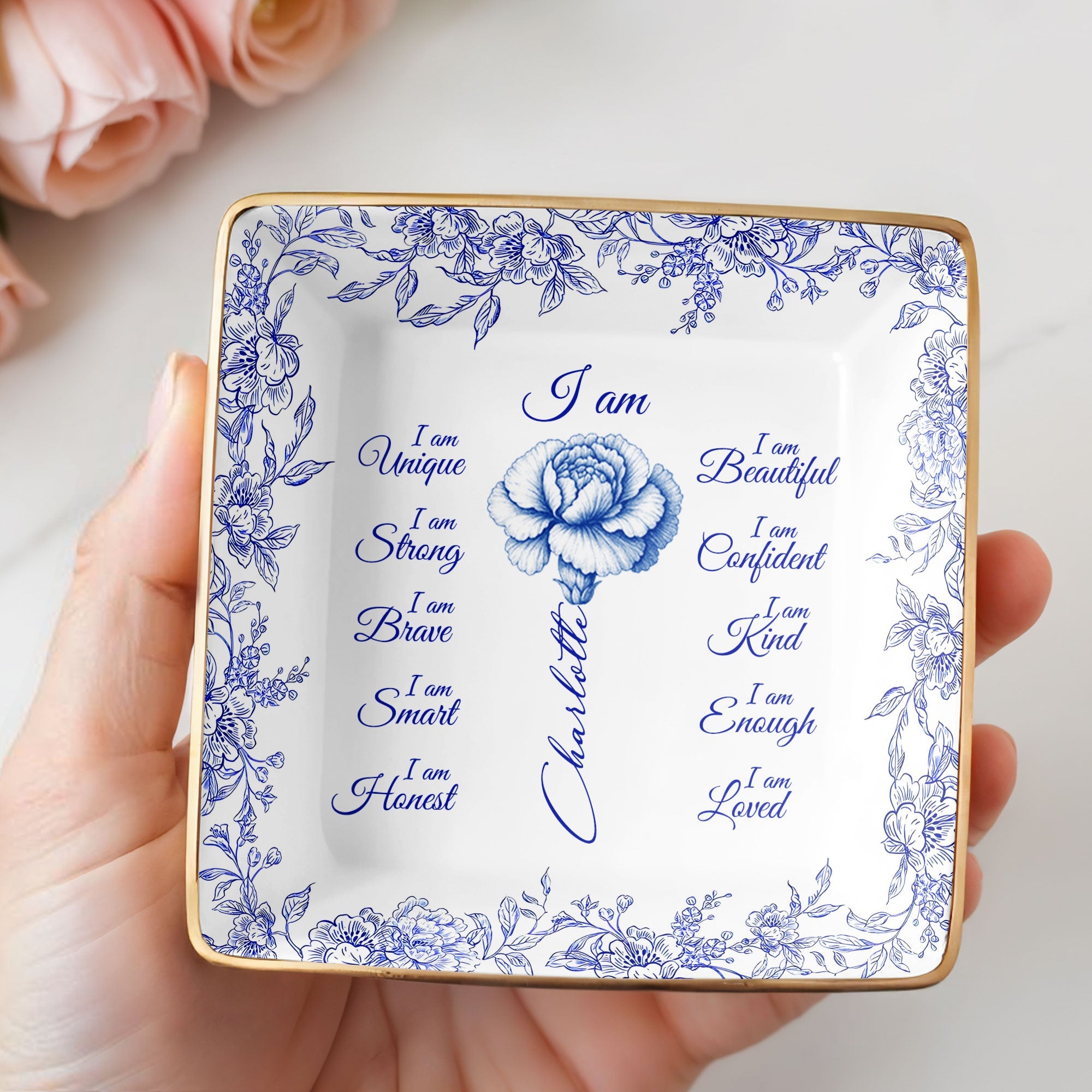 I Am Beautiful, Confident and Loved, Floral Ceramic Dish - Personalized Custom Jewelry Dish, Ceramic Dish, Square Shape - FTH111_SCRF