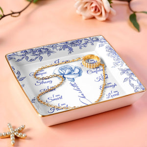 I Am Beautiful, Confident and Loved, Floral Ceramic Dish - Personalized Custom Jewelry Dish, Ceramic Dish, Square Shape - FTH111_SCRF