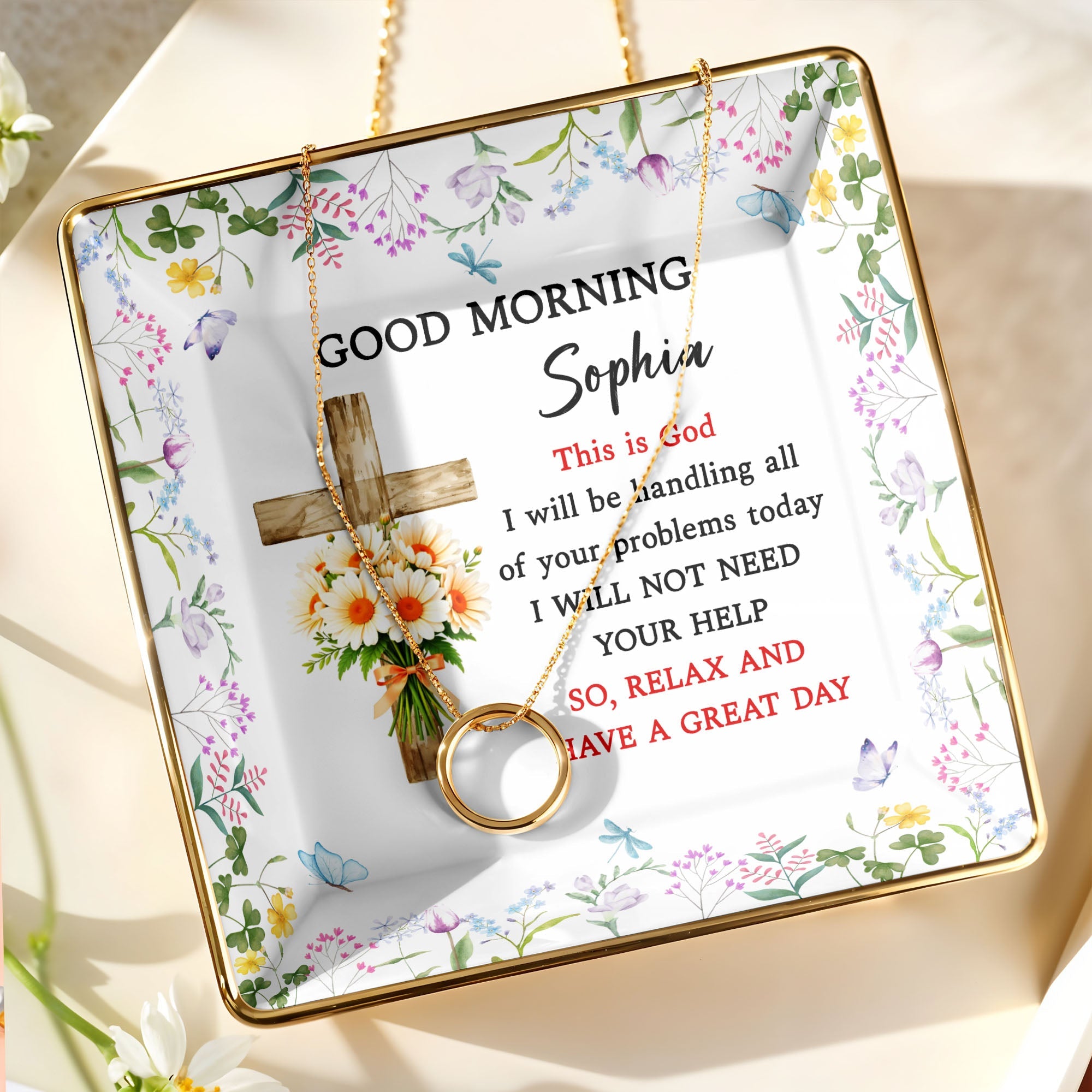 Good Morning, This Is God, Cross and Flowers Design - Personalized Custom Jewelry Dish, Ceramic Dish, Square Shape - FTH114_SCRF