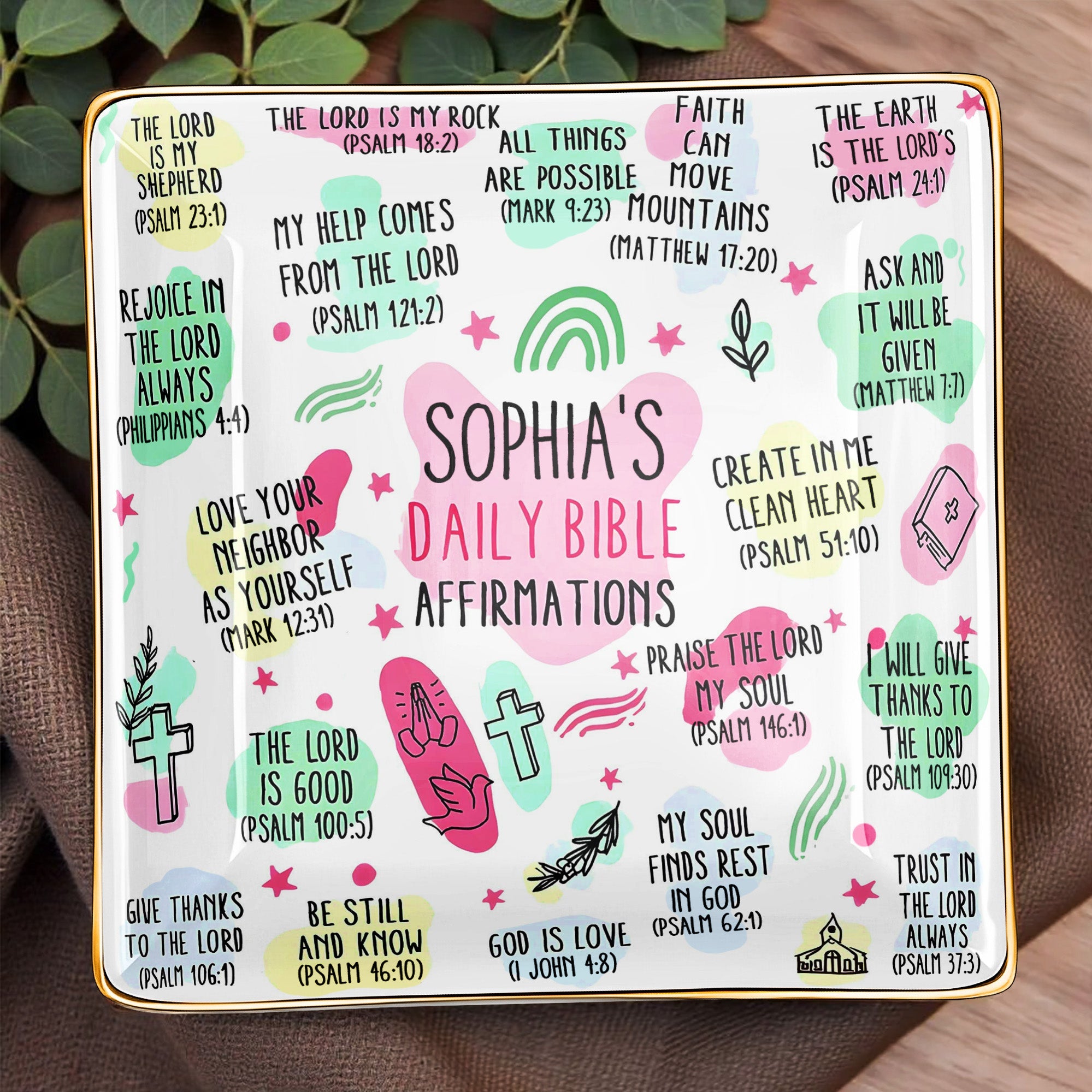 Sophia's Daily Bible Affirmations, Crosses And Hearts - Personalized Custom Jewelry Dish, Ceramic Dish, Square Shape - FTH115_SCRF