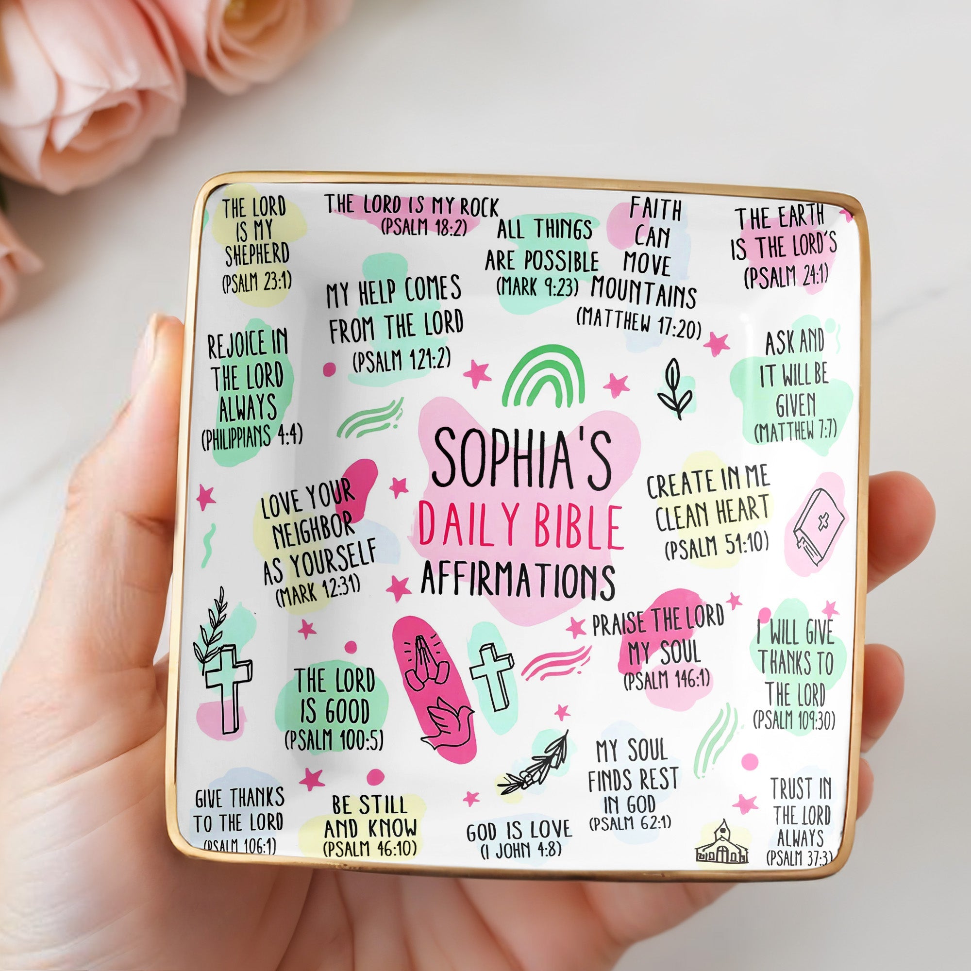 Sophia's Daily Bible Affirmations, Crosses And Hearts - Personalized Custom Jewelry Dish, Ceramic Dish, Square Shape - FTH115_SCRF