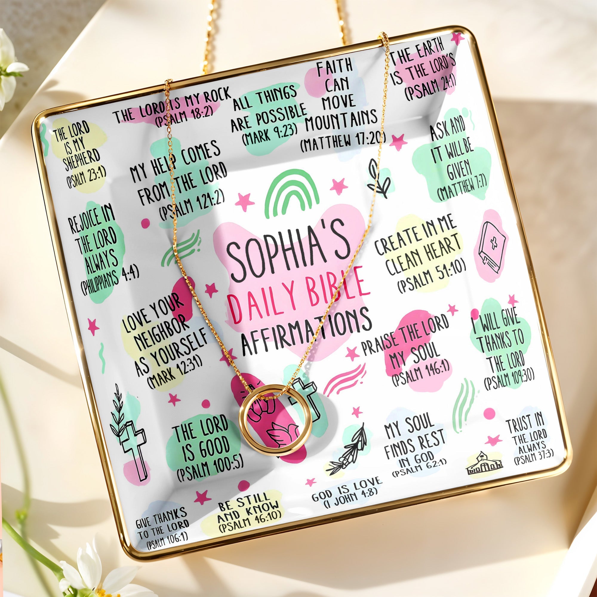 Sophia's Daily Bible Affirmations, Crosses And Hearts - Personalized Custom Jewelry Dish, Ceramic Dish, Square Shape - FTH115_SCRF