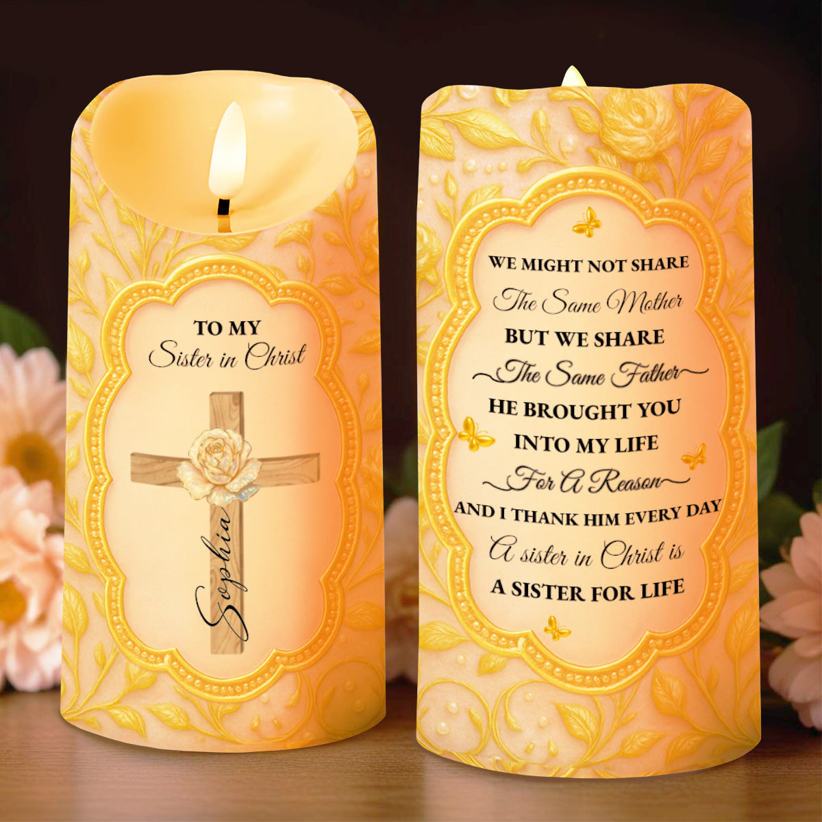 To My Sister in Christ With Cross And Rose Design - Personalized Custom LED Candle - FTH116_LECA