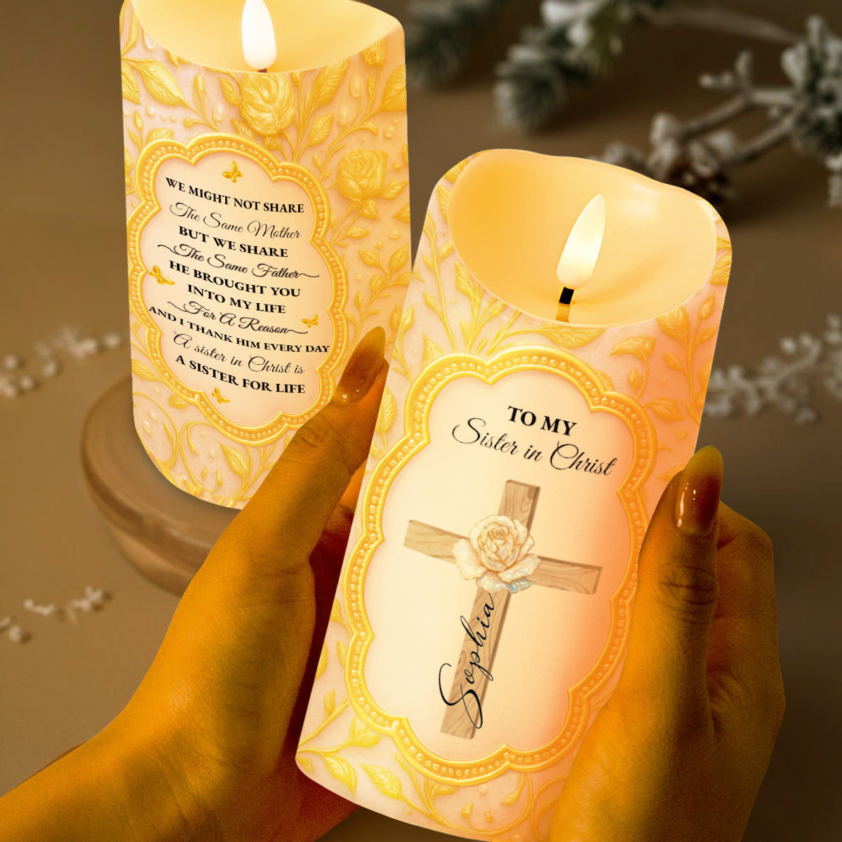 To My Sister in Christ With Cross And Rose Design - Personalized Custom LED Candle - FTH116_LECA