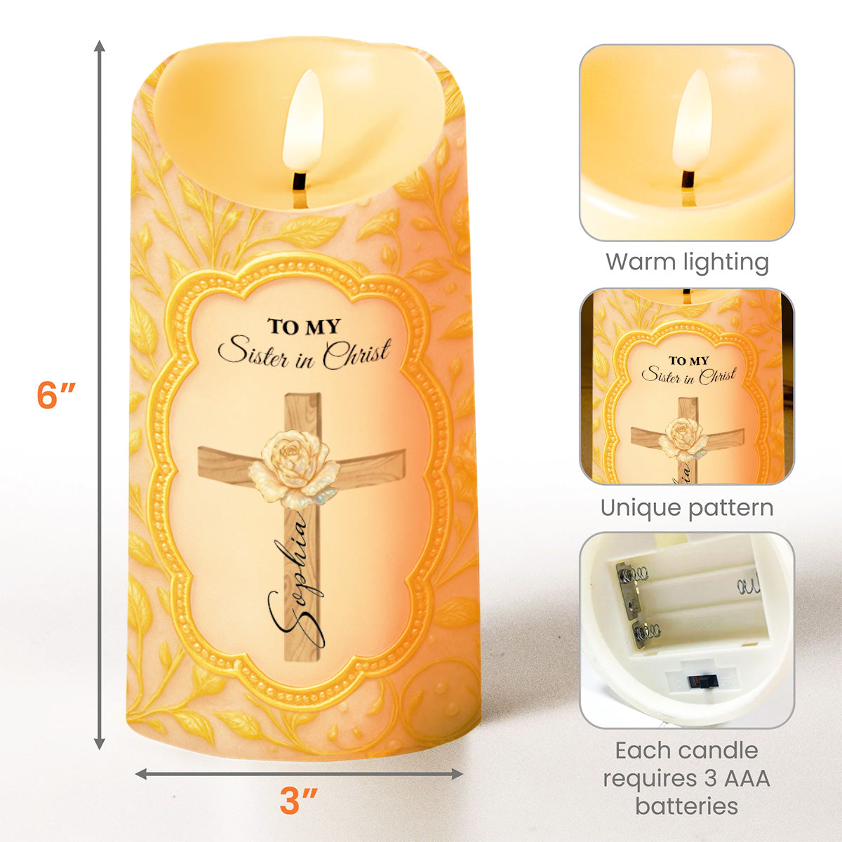 To My Sister in Christ With Cross And Rose Design - Personalized Custom LED Candle - FTH116_LECA