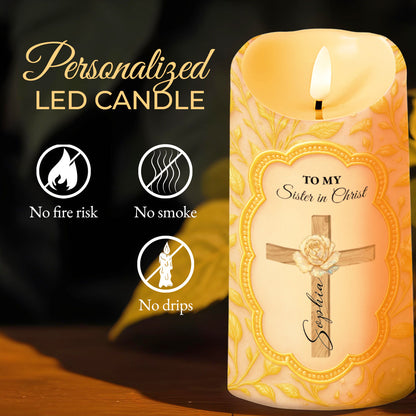To My Sister in Christ With Cross And Rose Design - Personalized Custom LED Candle - FTH116_LECA