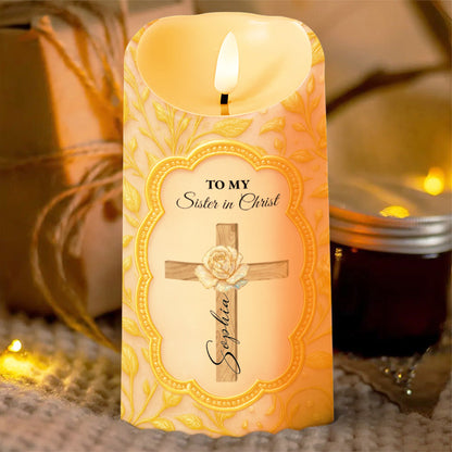 To My Sister in Christ With Cross And Rose Design - Personalized Custom LED Candle - FTH116_LECA