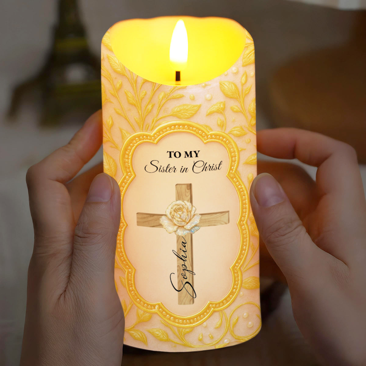 To My Sister in Christ With Cross And Rose Design - Personalized Custom LED Candle - FTH116_LECA