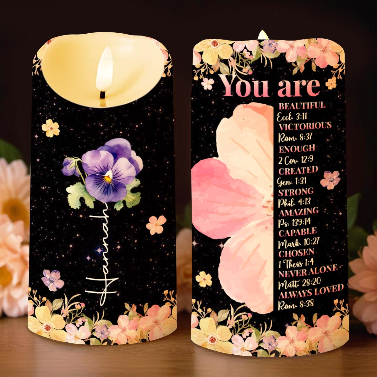 You Are Beautiful And Loved With Flowers And Stars Design - Personalized Custom LED Candle - FTH117_LECA