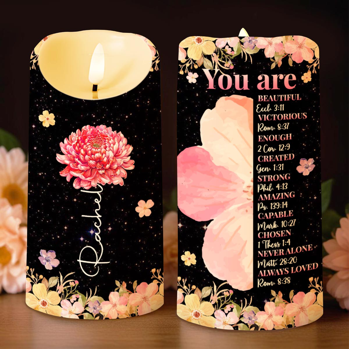 You Are Beautiful And Loved With Flowers And Stars Design - Personalized Custom LED Candle - FTH117_LECA