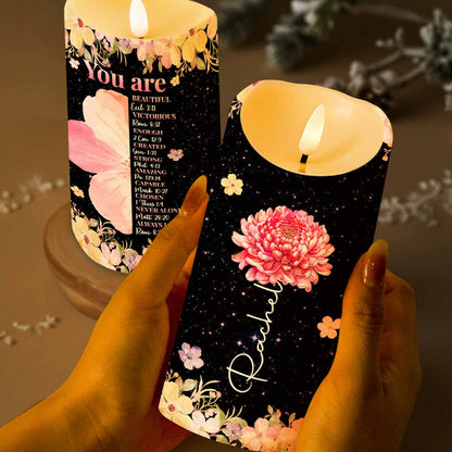 You Are Beautiful And Loved With Flowers And Stars Design - Personalized Custom LED Candle - FTH117_LECA