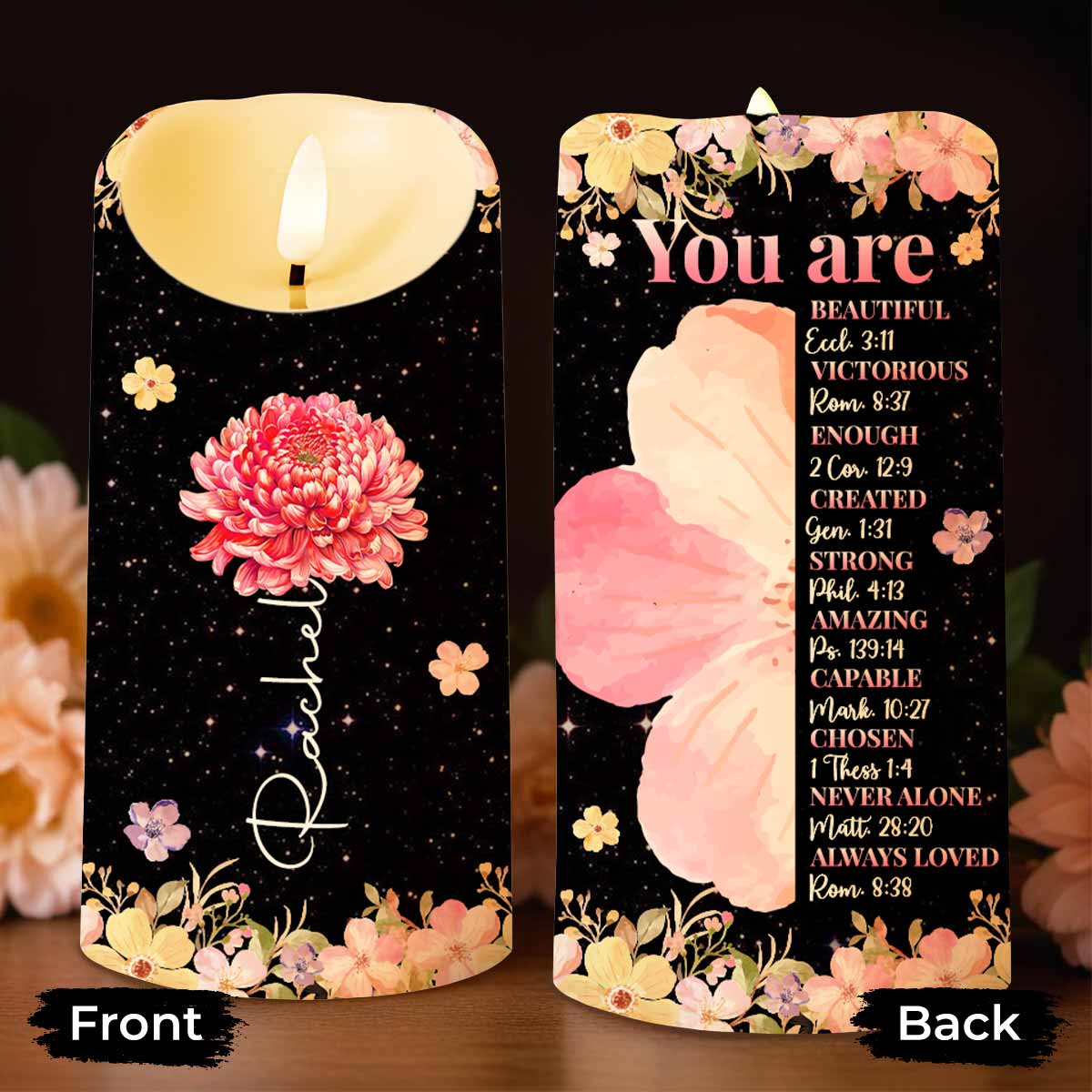 You Are Beautiful And Loved With Flowers And Stars Design - Personalized Custom LED Candle - FTH117_LECA
