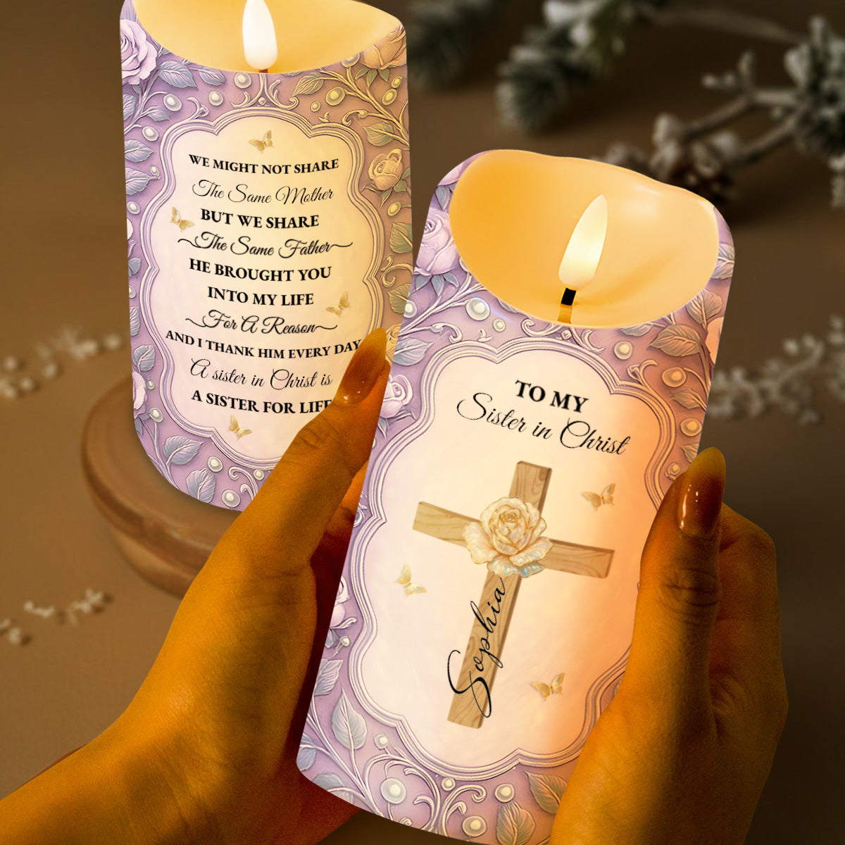 To My Sister in Christ, Cross and Roses LED Candle - Personalized Custom LED Candle - FTH118_LECA