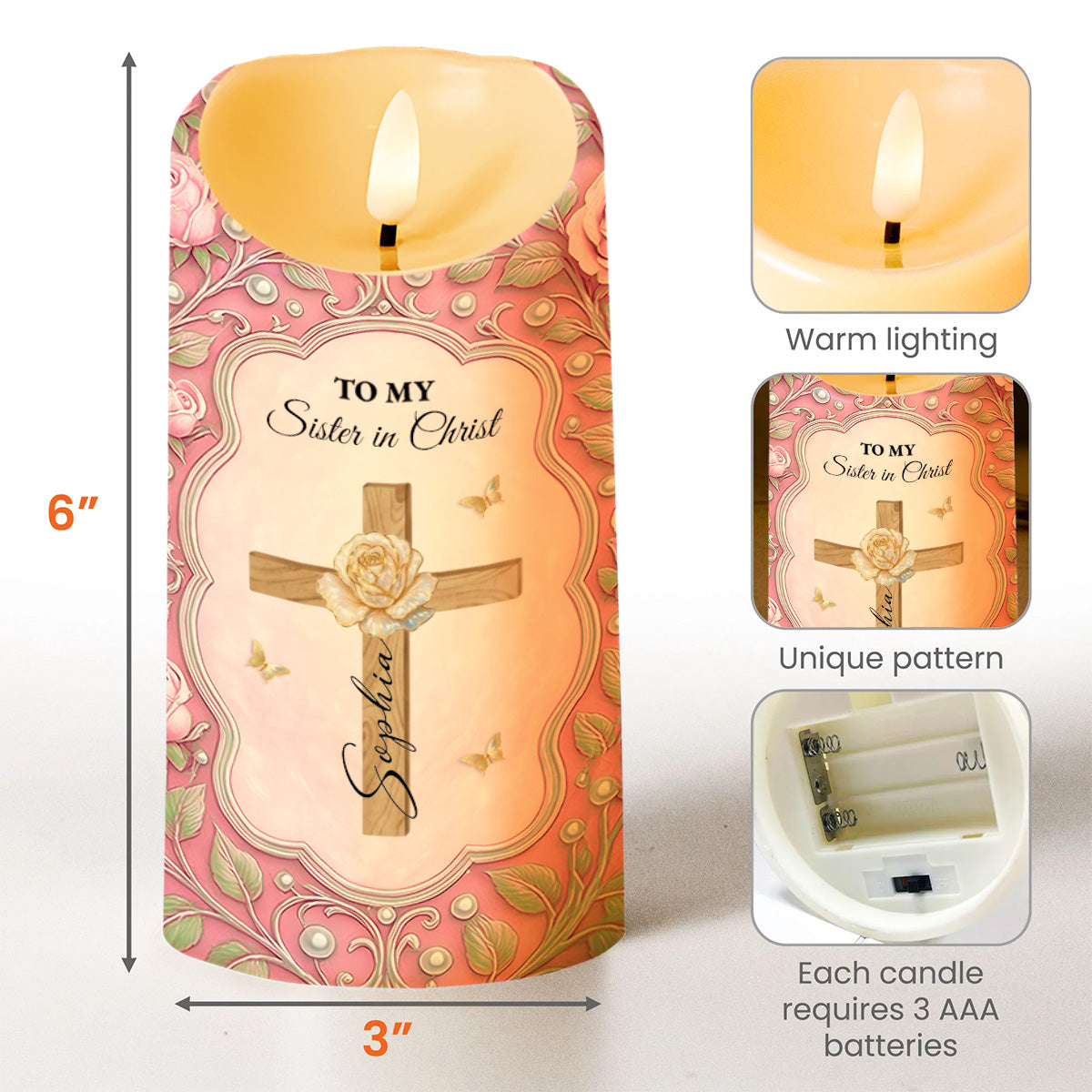 To My Sister in Christ, Cross and Roses LED Candle - Personalized Custom LED Candle - FTH118_LECA