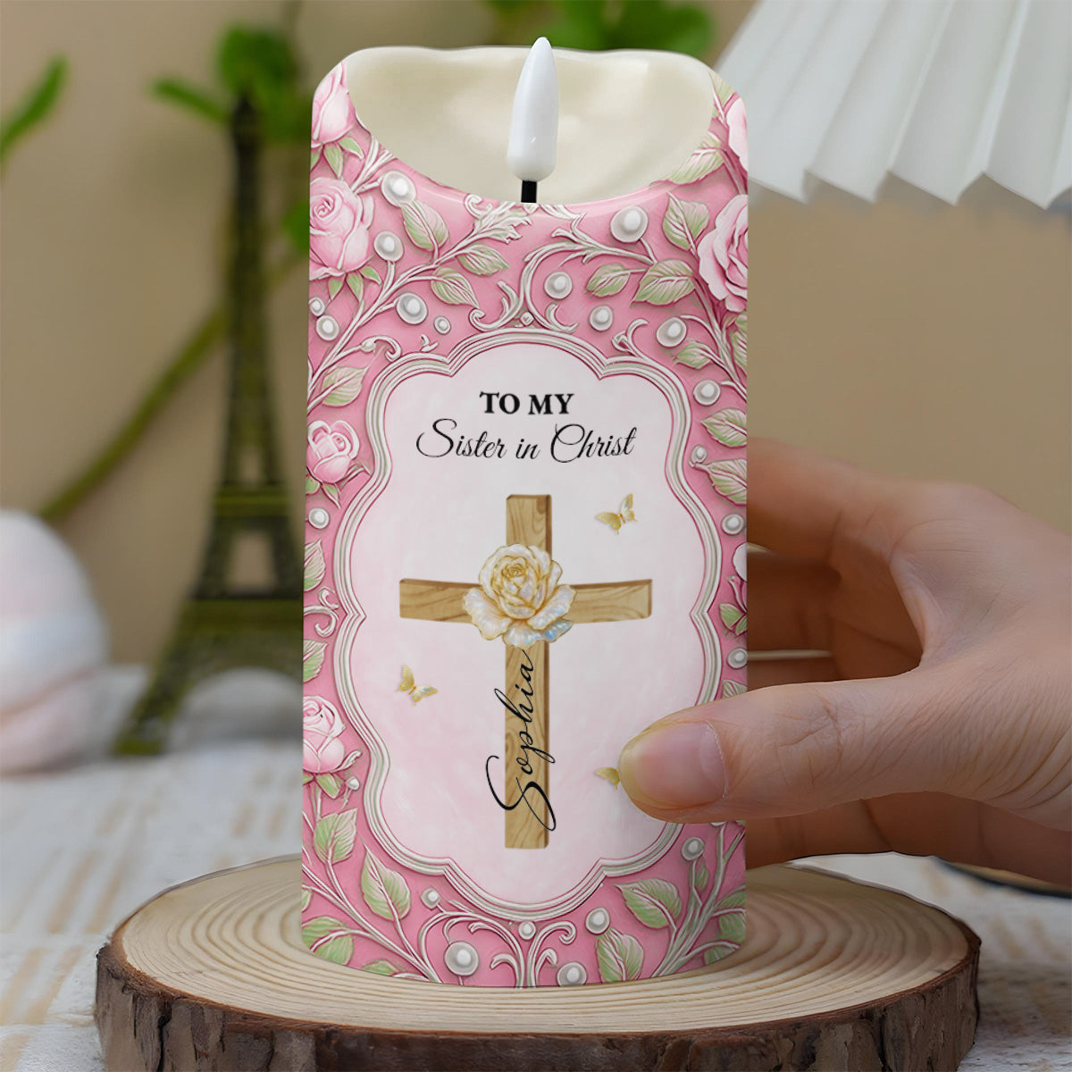 To My Sister in Christ, Cross and Roses LED Candle - Personalized Custom LED Candle - FTH118_LECA