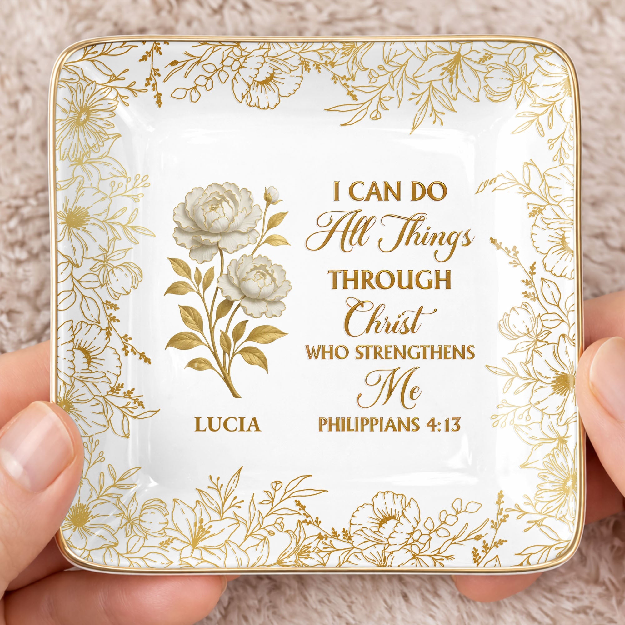 I Can Do All Things Through Christ, Floral Design - Personalized Custom Jewelry Dish, Ceramic Dish, Square Shape - FTH119_SCRF