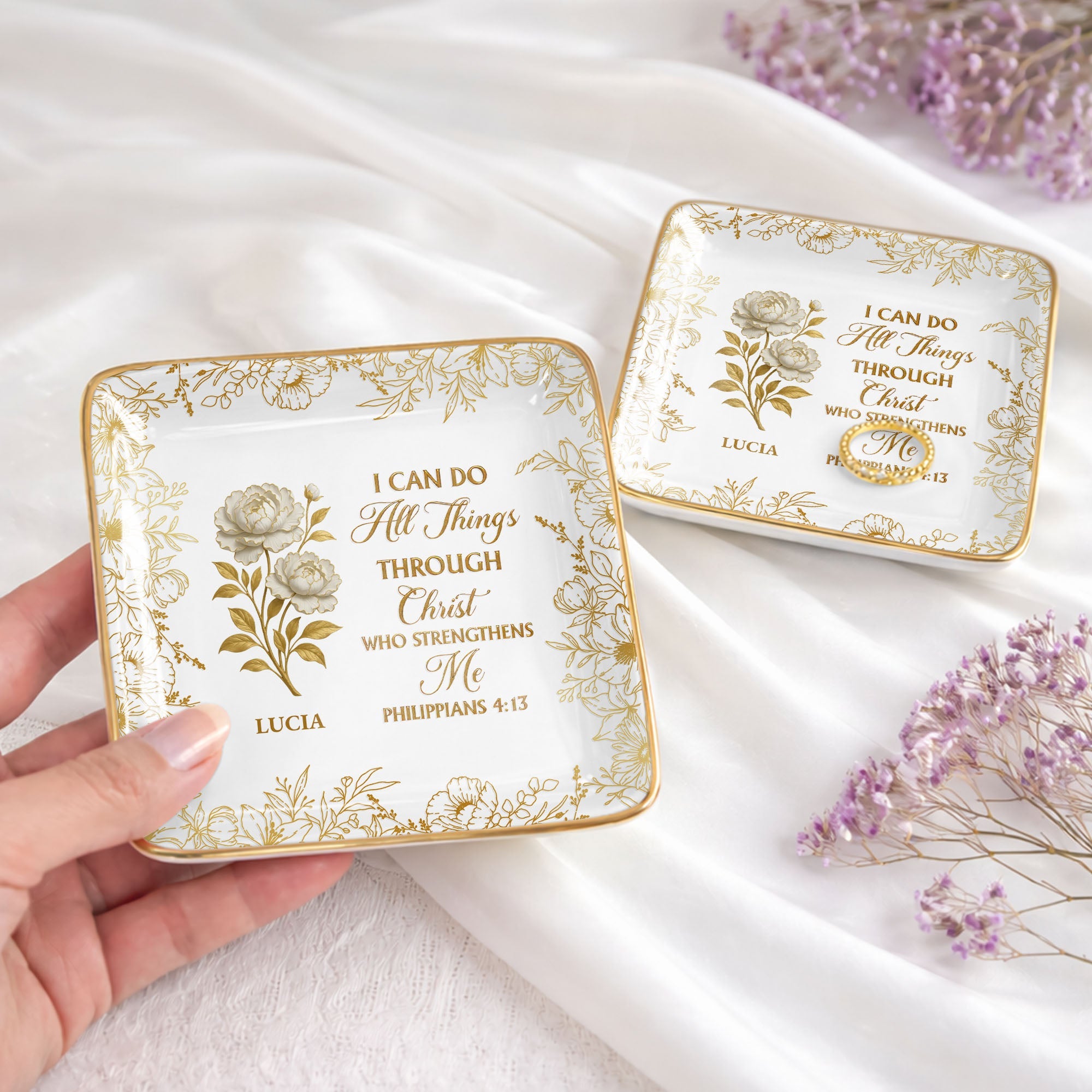 I Can Do All Things Through Christ, Floral Design - Personalized Custom Jewelry Dish, Ceramic Dish, Square Shape - FTH119_SCRF