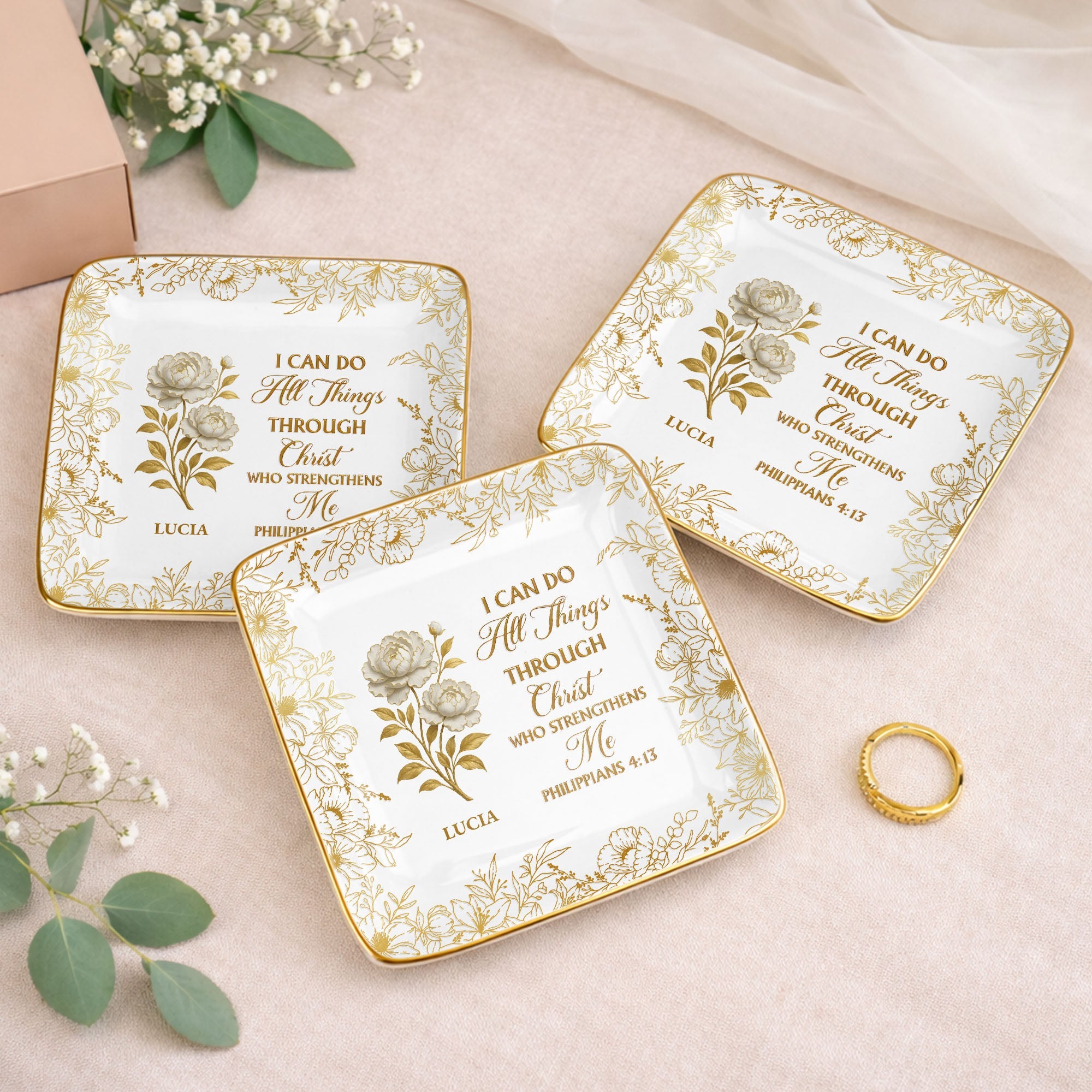 I Can Do All Things Through Christ, Floral Design - Personalized Custom Jewelry Dish, Ceramic Dish, Square Shape - FTH119_SCRF