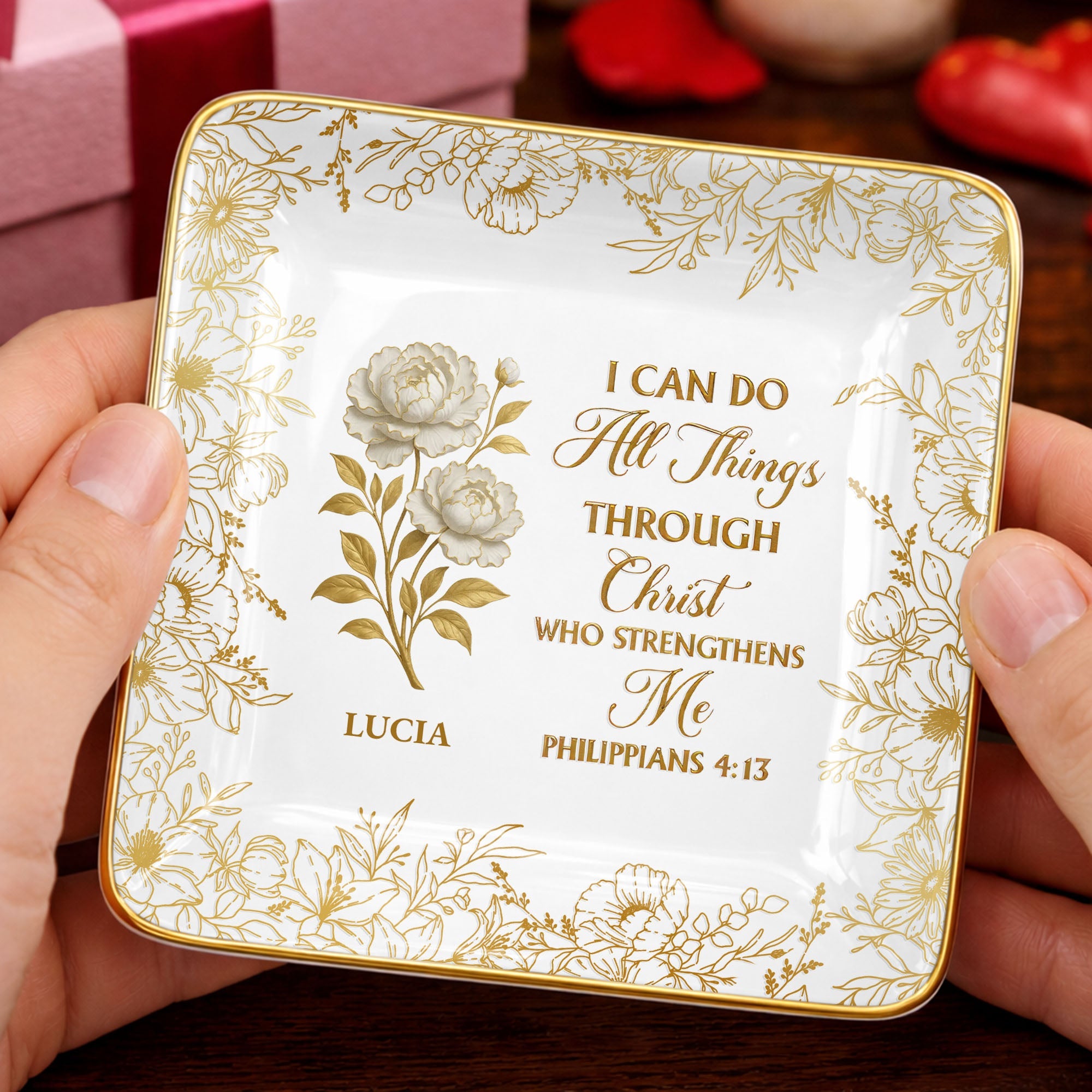 I Can Do All Things Through Christ, Floral Design - Personalized Custom Jewelry Dish, Ceramic Dish, Square Shape - FTH119_SCRF