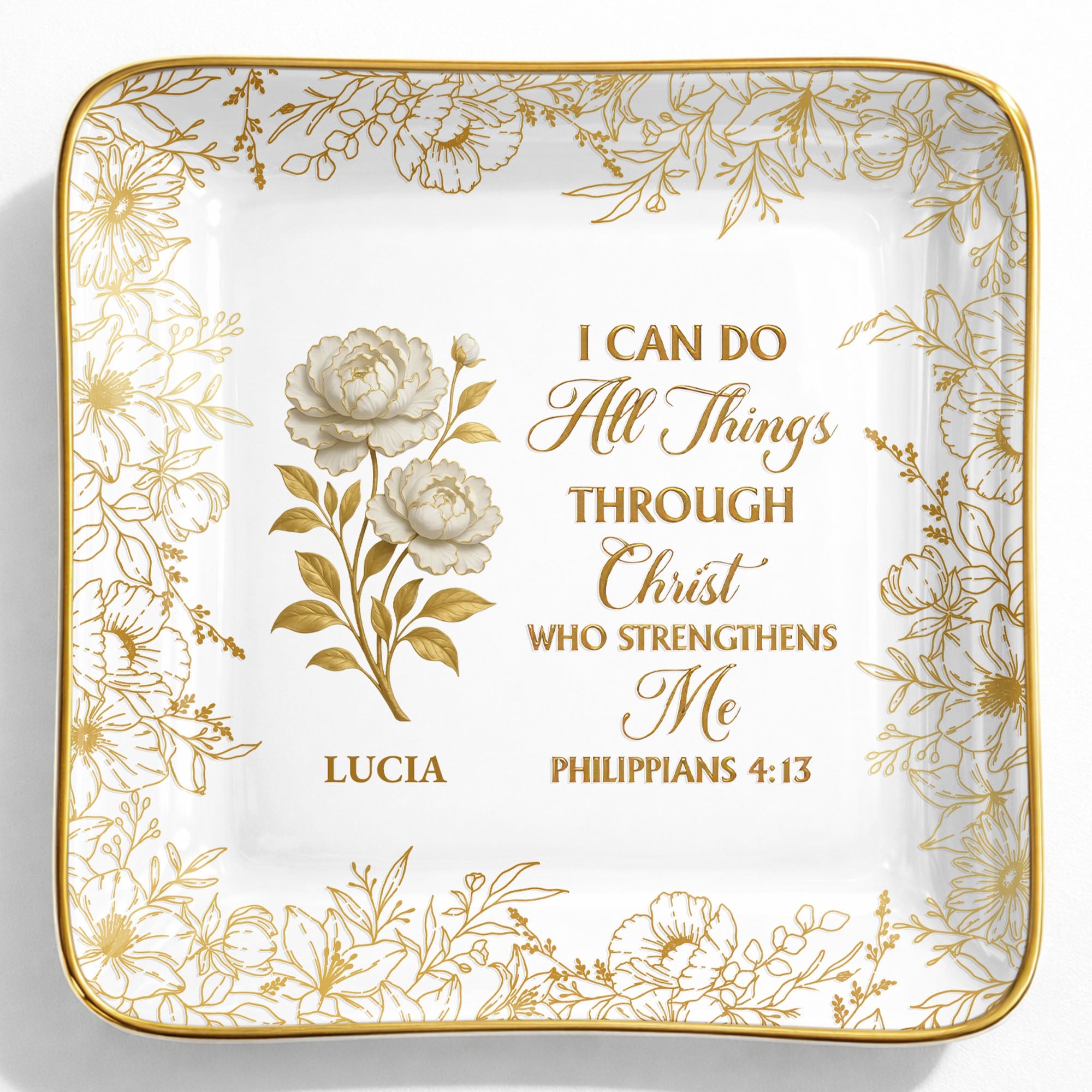 I Can Do All Things Through Christ, Floral Design - Personalized Custom Jewelry Dish, Ceramic Dish, Square Shape - FTH119_SCRF