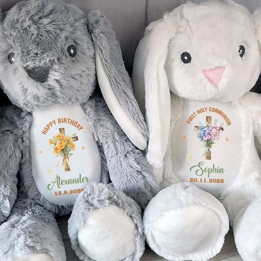 On Your Christening Day Cross And Purple Flowers Personalized Design - Personalized Stuffed Bunny - FTH132_BUN