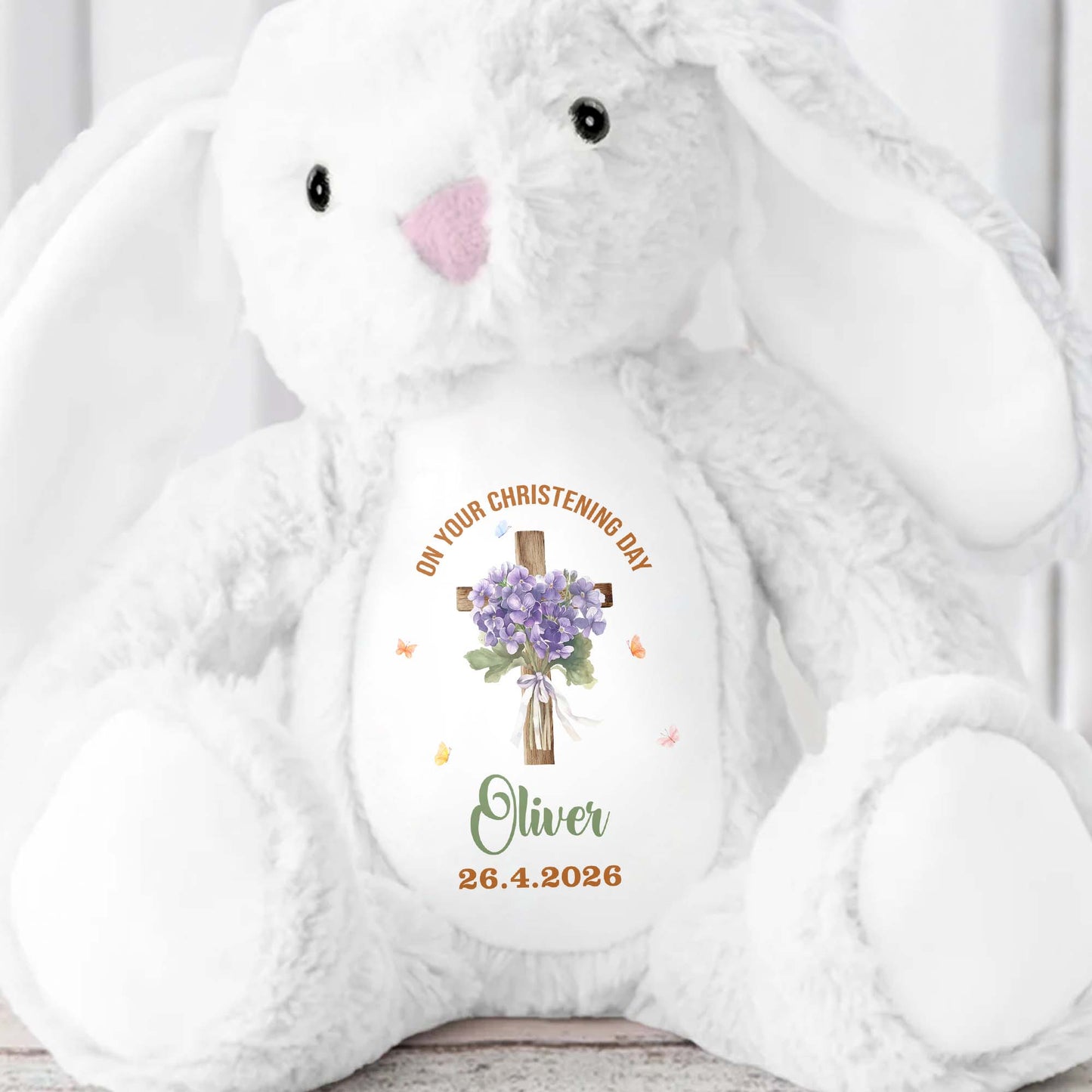 On Your Christening Day Cross And Purple Flowers Personalized Design - Personalized Stuffed Bunny - FTH132_BUN