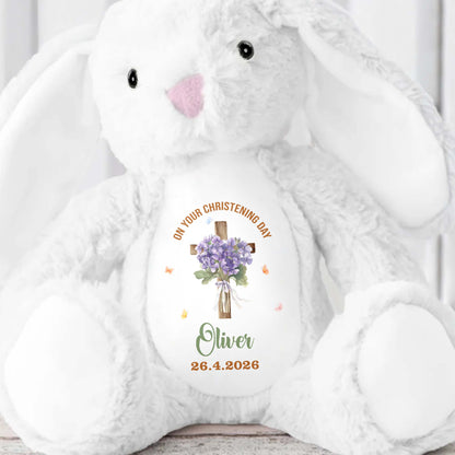 On Your Christening Day Cross And Purple Flowers Personalized Design - Personalized Stuffed Bunny - FTH132_BUN