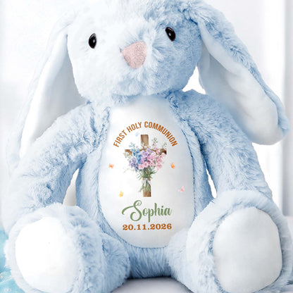 On Your Christening Day Cross And Purple Flowers Personalized Design - Personalized Stuffed Bunny - FTH132_BUN