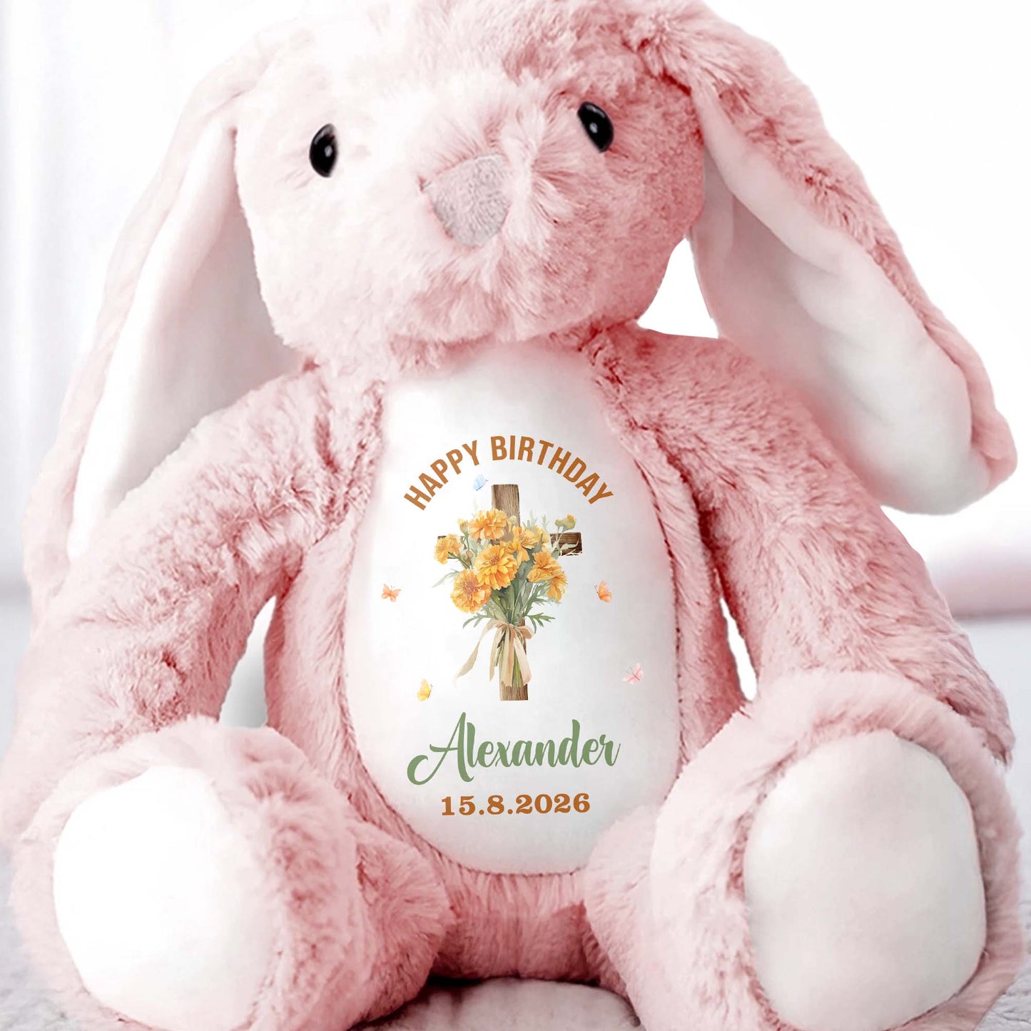 On Your Christening Day Cross And Purple Flowers Personalized Design - Personalized Stuffed Bunny - FTH132_BUN