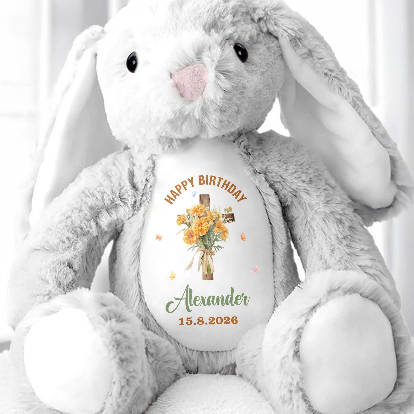 On Your Christening Day Cross And Purple Flowers Personalized Design - Personalized Stuffed Bunny - FTH132_BUN