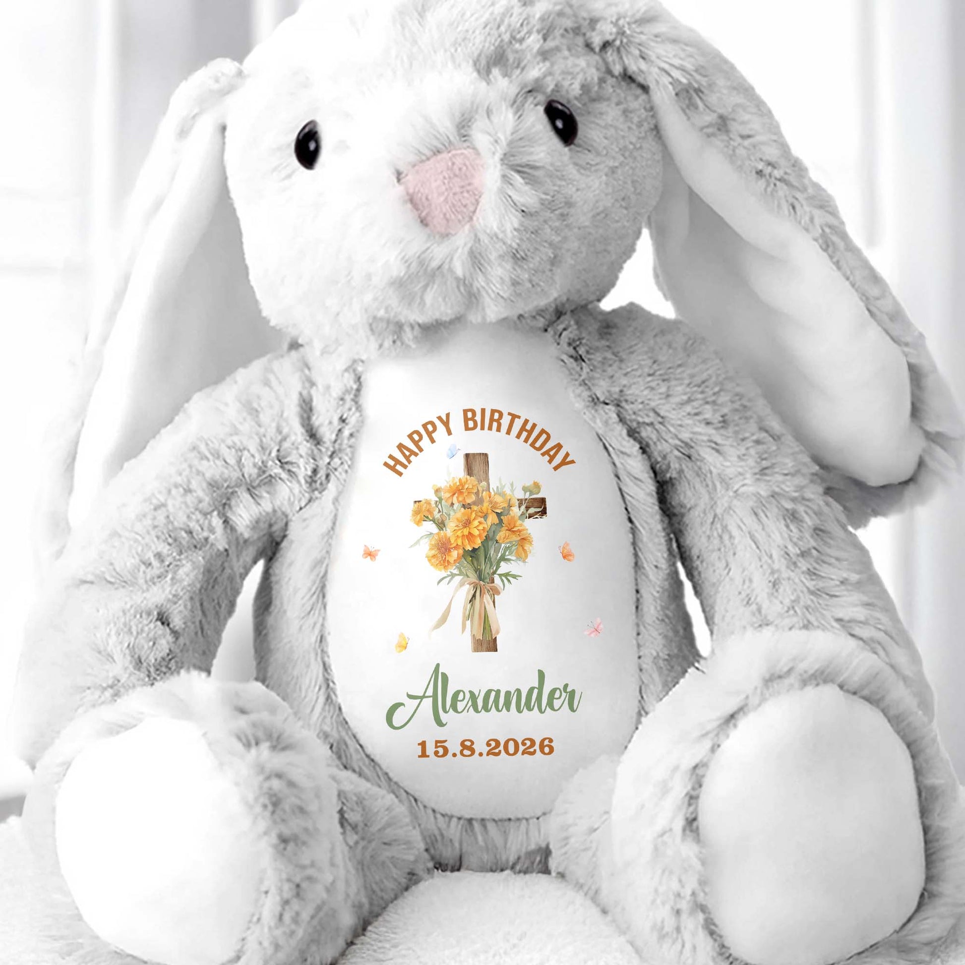 On Your Christening Day Cross And Purple Flowers Personalized Design - Personalized Stuffed Bunny - FTH132_BUN
