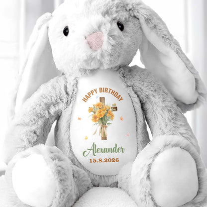On Your Christening Day Cross And Purple Flowers Personalized Design - Personalized Stuffed Bunny - FTH132_BUN