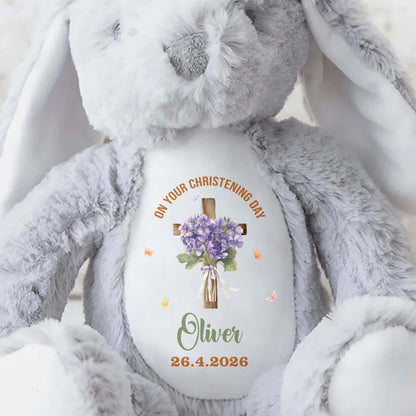 On Your Christening Day Cross And Purple Flowers Personalized Design - Personalized Stuffed Bunny - FTH132_BUN