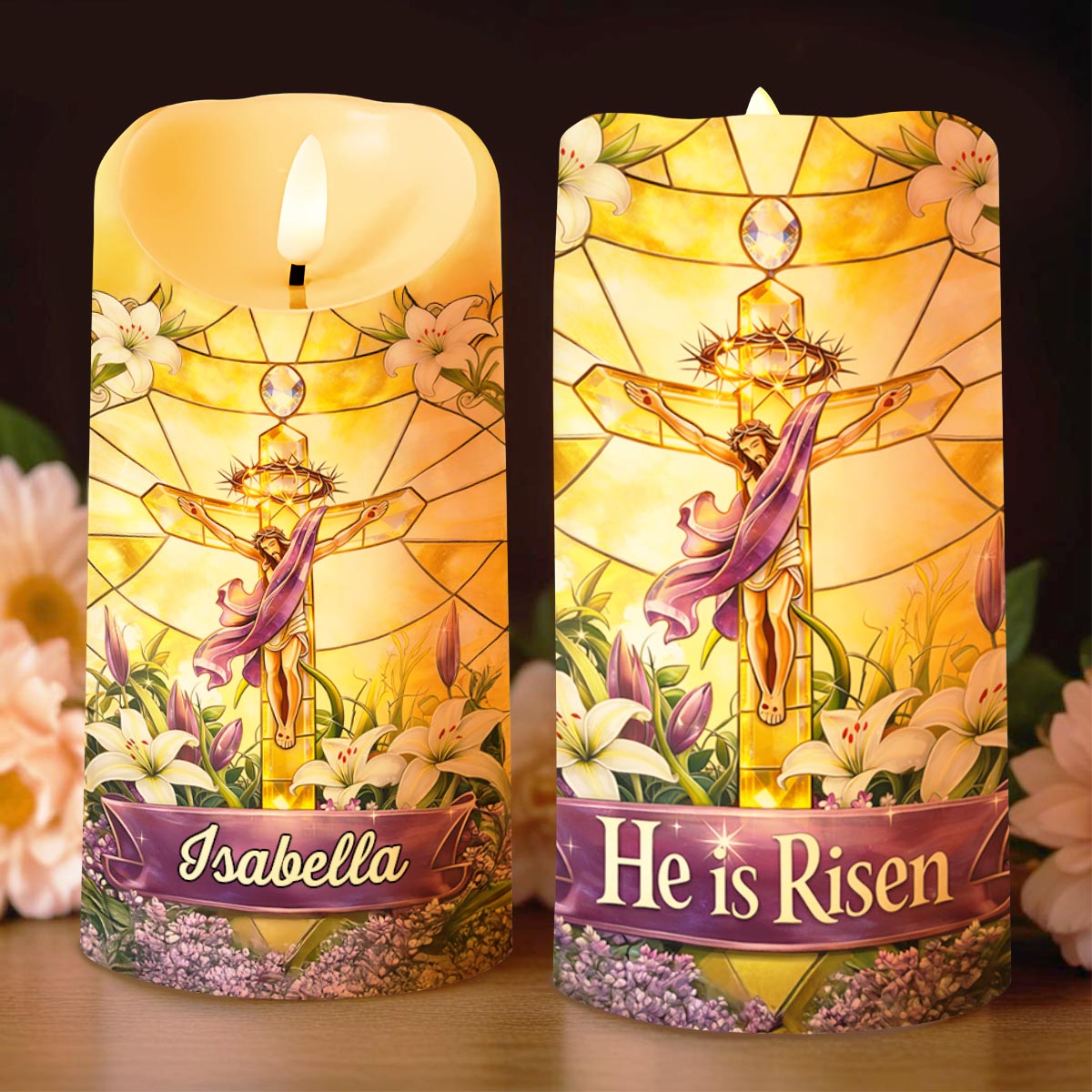 He Is Risen Stained Glass Jesus With White Lilies Flowers - Personalized Custom LED Candle - FTH140_LECA