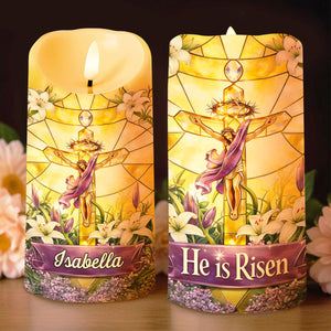 He Is Risen Stained Glass Jesus With White Lilies Flowers - Personalized Custom LED Candle - FTH140_LECA