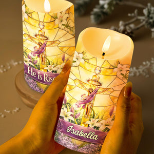He Is Risen Stained Glass Jesus With White Lilies Flowers - Personalized Custom LED Candle - FTH140_LECA