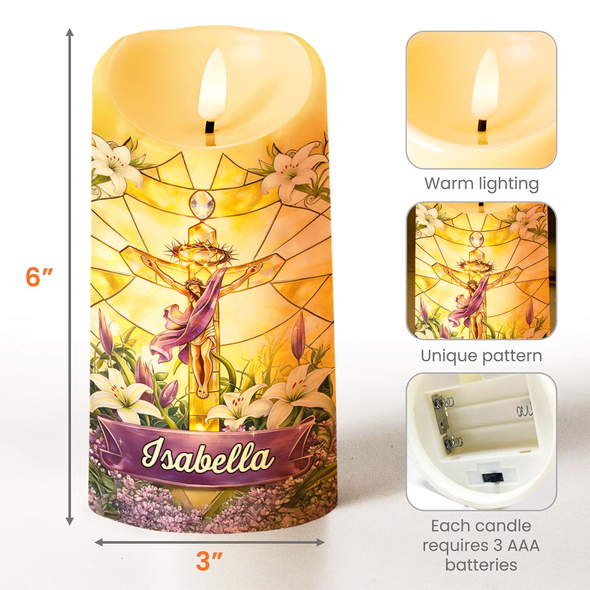 He Is Risen Stained Glass Jesus With White Lilies Flowers - Personalized Custom LED Candle - FTH140_LECA